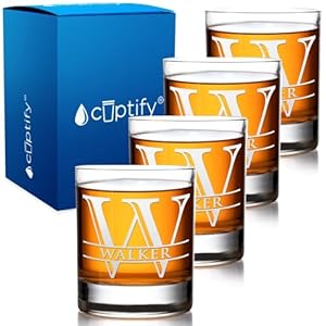 Personalized Whiskey Glasses for Men Set of 4 Etched Monogram with Name 10.25 oz Old Fashioned Rocks Cocktail Bourbon Glass Customizable Designs Gift