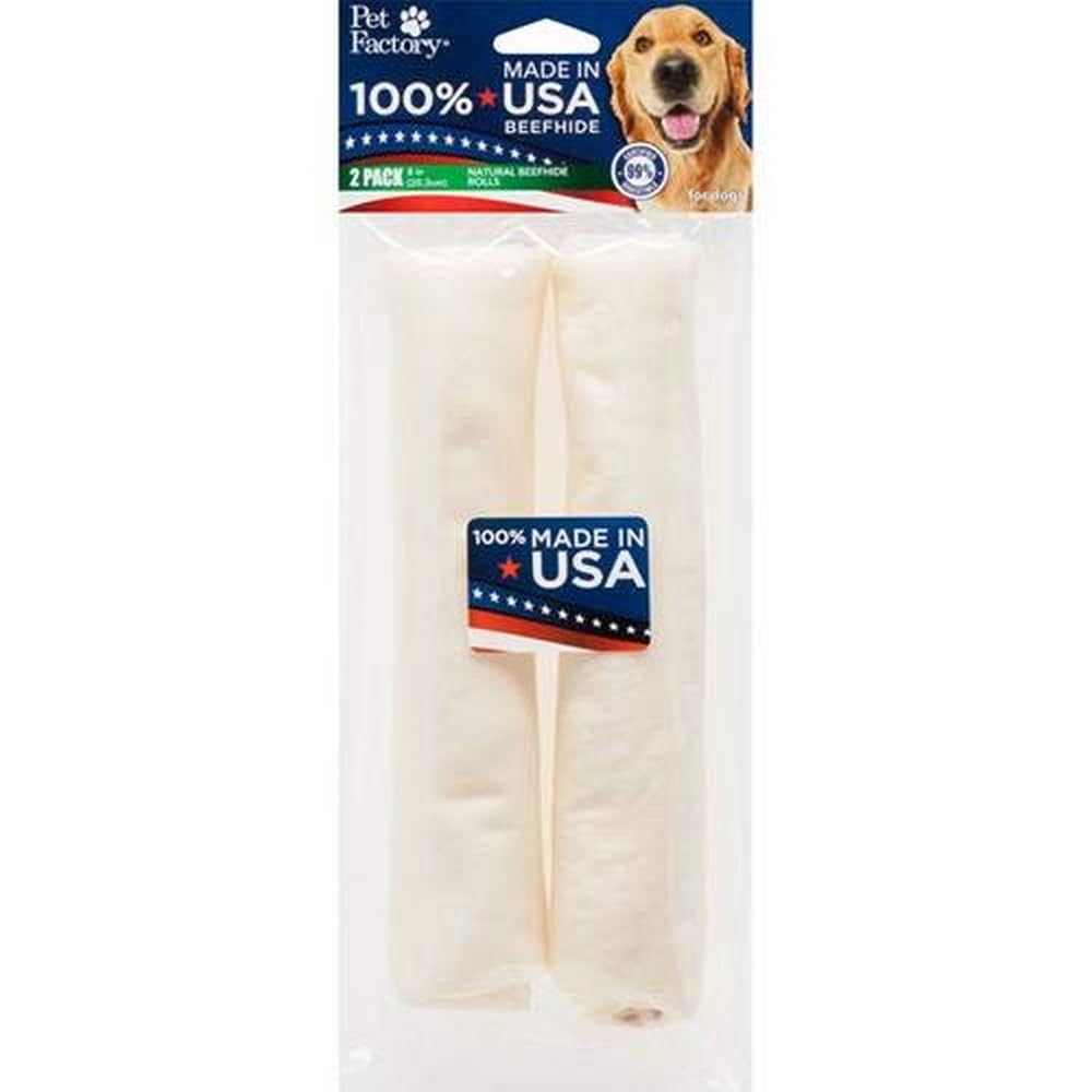Pet Factory 100% Made in USA Beefhide 8" Rolls Dog Chew Treats - Natural Flavor, 2 Count/1 Pack