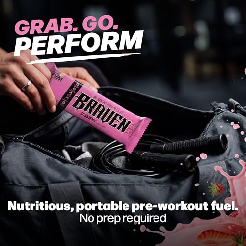 Image of Braven Bar Strawberry Energy Bars (1.59 oz, Pack of 10) - Performance Fuel On the Go - Soft & Chewy Candy-Like Texture - 13 Vitamins & Minerals - No Caffeine, No Crash - No Artificial Dyes - Gluten Free