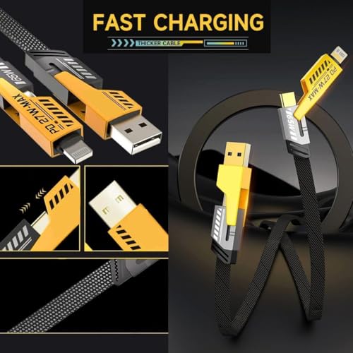 Image of FLAT WIRE cable 4 in 1 Fast Charging Cable, 65W Braided Multi Charging Port with USB C, USB A, and Lightning Connectors, 3.3 Ft, Compatible with Phones, Tablets, Laptops
