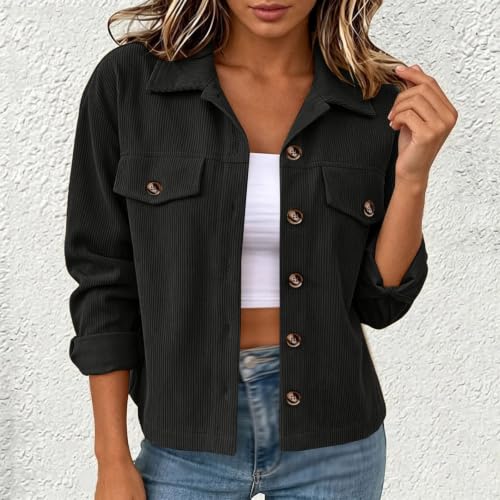 GOSEAGOTOFUN Corduroy Jacket Women Fashion Casual Cropped Jacket Button Down Long Sleeve Coats Lightweight Fall Outerwear 01-Black Small - image 2
