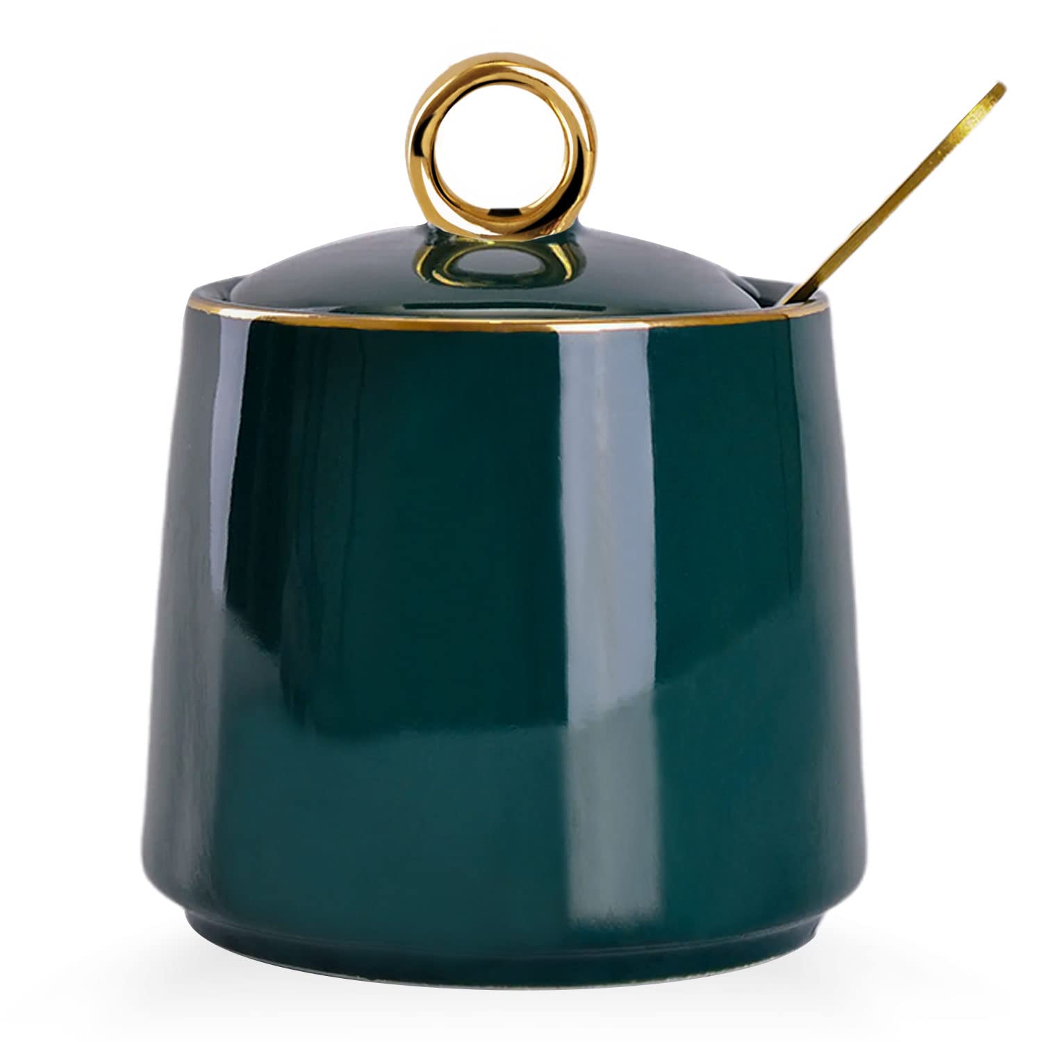 WHJY Ceramic Sugar Bowl with Lid and Spoon, Simple White Clear Porcelain Salt Bowl Salt Container, Modern Spice Box Seasoning Jar for Home and Kitchen Coffee Bar - Green