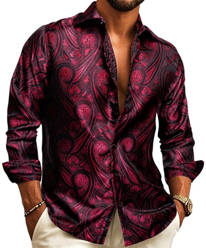 Barry.Wang Chemise à manches longues pour homme, motif cachemire fleuri - Rouge - X-Large