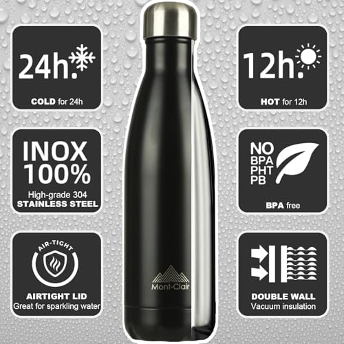 Image of Mont-Clair Stainless Steel Water Bottle, Vacuum insulated - BPA Free, 12h Hot & 24h Cold Drinks, Metal Water Bottle 34 oz Leakproof, Ideal for Adult, Kids, Running - Black