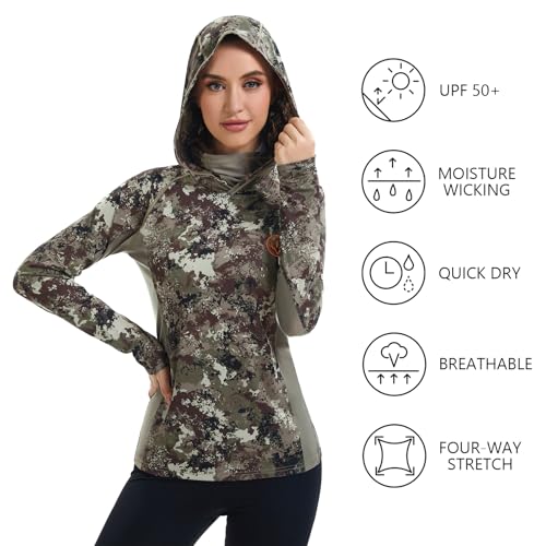 BASSDASH Women's UPF 50+ Camo Hunting Hoodie with Neck Gaiter Breathable Performance Long Sleeve Fishing Hooded Tee FS03W4