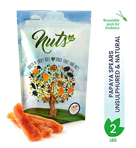 NUTS U.S. - Dried Papaya Spears (Unsulphured) | Low Sugar. Lightly Sugar Coated | No Color Added | Packed in a Resealable Bag (2 LBS)