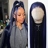 BTWTRY Dark Blue Wig Long Straight Navy Blue Synthetic Lace Front Wigs Pre Plucked Natural Hairline for Black Women Heat Resistant Fiber Hair Cosplay Daily Wear Wig (Dark Blue)