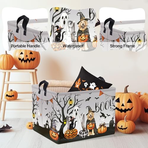 Image of Clastyle Large Spooky Halloween Baby Gift Basket Stuffers Boy Girl Pumpkin Bat Graveyard Boo Nursery Bin Kid Book Toy Box Collapsible Clothes Organizer for Bedroom,Dog,40 * 30 * 30 cm