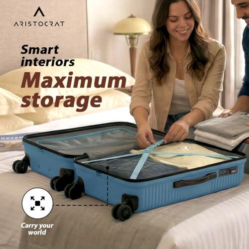 Image of Aristocrat Crystal Check-in Trolley Bag 66cm | Medium Hard Luggage | 8-Wheel Suitcase for Travel | Combination Lock with Anti-Theft Zipper | Polypropylene | 3 Years International Warranty (Teal Blue)