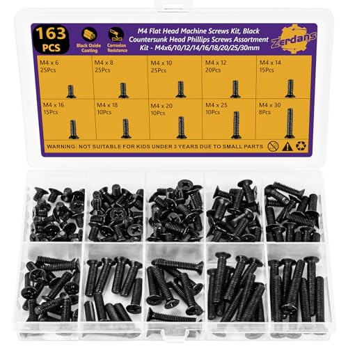 Zerdans 163PCS M4 Machine Screws Assortment, Carbon Steel Black Flat Head Phillips Metric Screws...