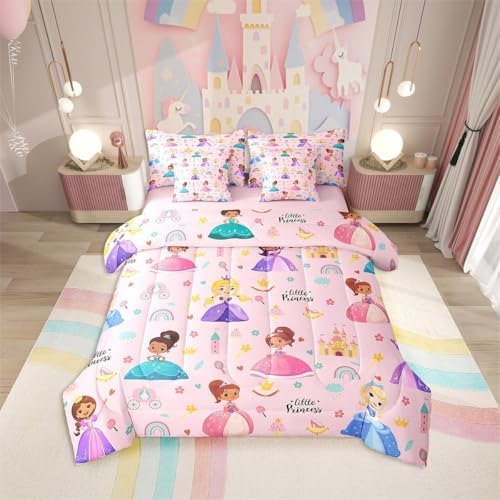 Erosebridal Kids Magical Princess 7 Piece Twin Comforter Set Bed in a Bag, Girly Cute Castle Microfiber Bedding for Sofa, Cartoon Rainbow Fitted Sheets Set for Kids Girls, Pink Princess Bed Set
