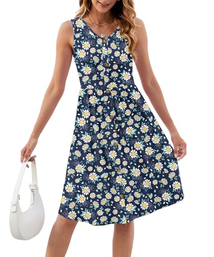 Image of KUOTAI Womens Summer Dresses Sleeveless Casual Loose Swing Button Down Midi Dress V-Neck Flowy A-Line Sundress