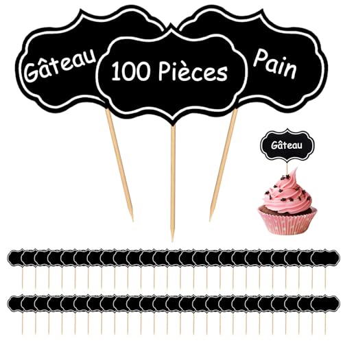 VEGCOO 100 Pcs Etiquette Fromage Noire, Etiquette Ardoise avec Points de Colle pour Buffet, Étiquette Fromage, Étiquettes Type Ardoise pour Gâteaux, Mariage, Fête, Décoration Culinaire