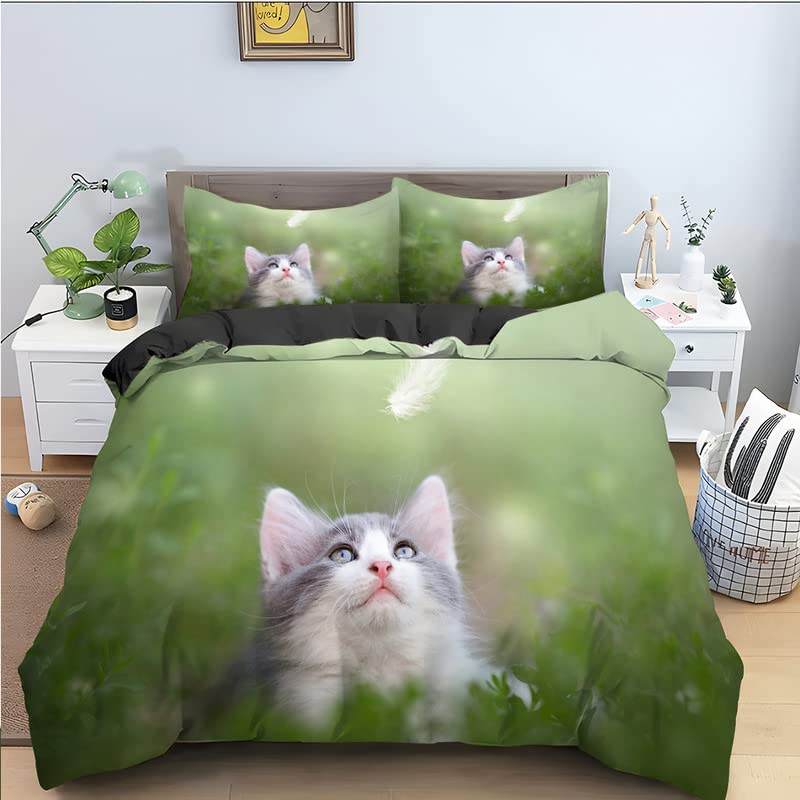 Parure de lit 160x200 pour jeunes filles et garçons motif chat cyan cocooning