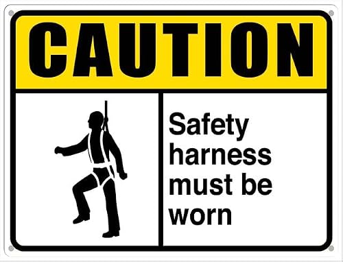 peiyeety Caution Sign Safety Harness Must Be Worn Aluminum Tin Sign For Home Coffee Bar Wall Decor 8X12 Inch