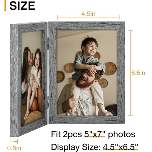 decorUhome Double 5x7 Picture Frame Vertical, Engineered Wood Bifold Photo Frame with Plexiglass for Tabletop Display, 5x7, Grey