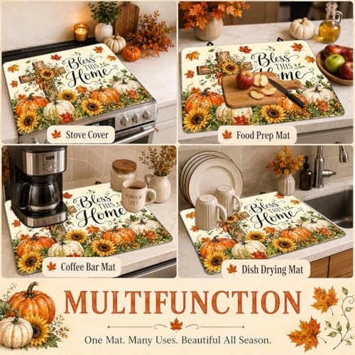 Image of Stove Top Cover for Electric Stove 28 inchx 20 inch, Fall Pumpkins Sunflowers Rustic Harvest Glass Top Stove Cover Protector, Glass Cooktop Covers, Kitchen Flat Electric Stove Top Covers