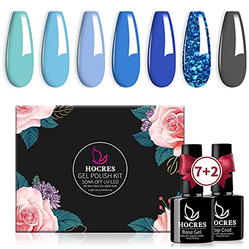 Gel Nail Polish Kit 9 Pcs, HOCRES Sky Blue Set Ocean Blue Azure Blue Colors Soak Off Gel Polish Set for DIY Nail Art Home Salon (7Pcs Color Gel+Base Coat, Glossy Top Coat)
