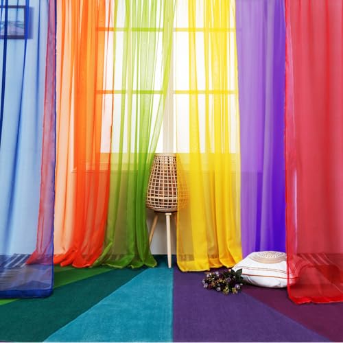 WPM Lot de 6 Rideaux de fenêtre Transparents Arc-en-Ciel pour Salle de Jeux, crèches, Chambre à Coucher, Vert Citron, Orange, Rouge, Blanc, Jaune Vif, Bleu...