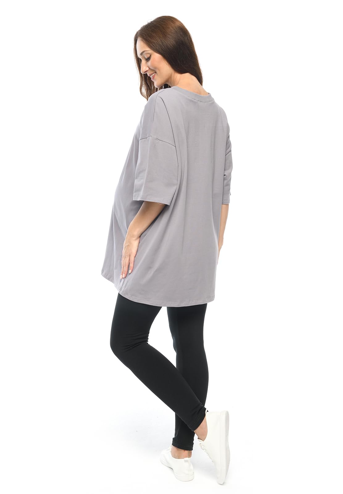 MijaCulture T-shirt 2 en 1 / Homewear / Chemise de nuit d'allaitement et de grossesse M024 Ambre (gris, L/XL)