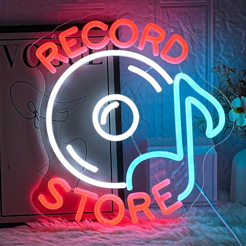 Image of Record Store Neon Sign Music Neon Signs for Wall Decor Letter Neon Light Record Player Sign Live Music Neon Light Sign for Bar Concern Studio Decor(Red white)