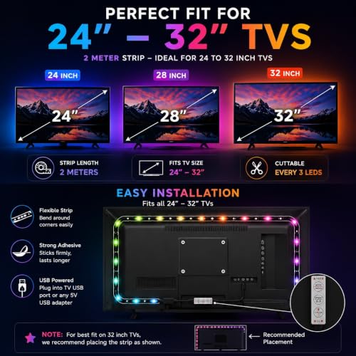 Image of MoonlitDreams RGB LED Strip Light for TV Backlight, USB Powered Flexible Color Changing Light with Mini Controller, Multicolor Mood Lighting for Gaming Desk, PC Monitor, Bedroom & Home Decor, 2 Meter