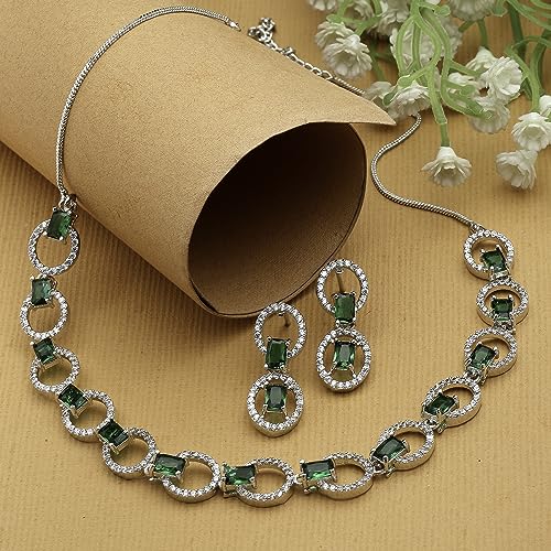 Image of ZENEME Rhodium-Plated American Diamond Studded Disc-Shaped Necklace With Earrings Jewellery Set For Girls and Women