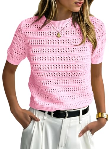 Image of Saodimallsu Womens Short Sleeve Crochet Sweaters Summer Boho Pullover Tops