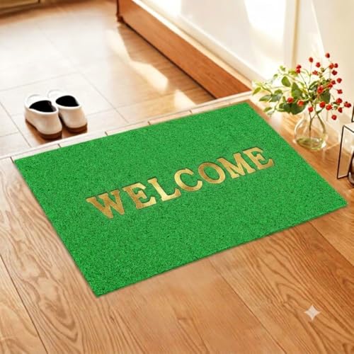 Image of VNQ India Rectangle Welcome Doormat for Home Entrance|Anti Slip & Waterproof Rubber Noodle Mat|Heavy Duty Main Door Mat|Paydan|Chavitti|Paudan|(Green), 38X58 Cm