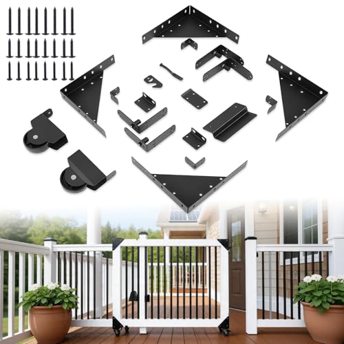 Sliding Gate Hardware Kit Designed Specifically for 1 to 2 Thick Wood Fence Gates Heavy Duty Fence Gate Kit with Roll Wheels Anti-Sag Corner Frame Brackets Smooth Rolling Easy DIY Installation