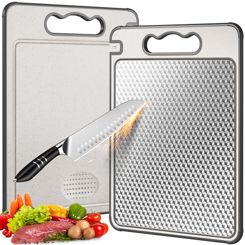 Comparison: Best Cutting Board For Raw Chicken 9 LOZOVIN Double Sided 304 Stainless Steel & Wheat Straw Cutting Board, 14.4"*9.8" Non Toxic Chopping Board, Separately Handle Meat and Vegetables, Dishwasher Safe, Scratch Resistant Mesh Design