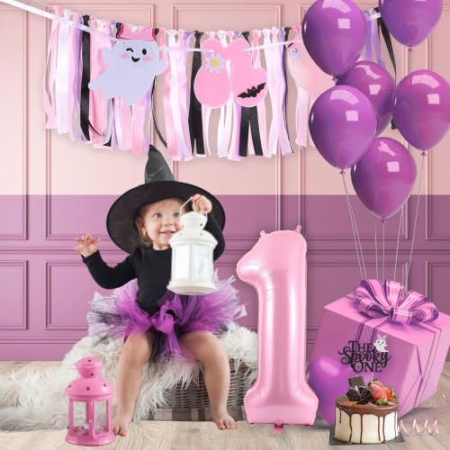 Image of Spooky One High Chair Banner for Halloween First Birthday Party Decorations | Pink Ghost Hallow-One Birthday High Chair Fabric Banner for Girls 1st Boo Day High Chair Banner for Backdrop Decorations