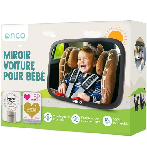 Onco Miroir Voiture Bébé Retroviseur - 100% Incassable, Miroir Bébé Voiture, Double Prix : Meilleure invention de voyage 2023 et Meilleur produit de sécurité 2024, Accessoire Voiture