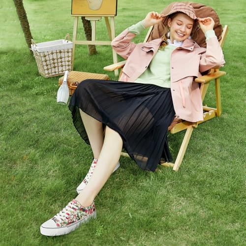 Adokoo Canvas Tennis Shoes For Women Low Top Casual White Flower Sneakers For Women Lace Up Fashion Comfortable Walking Shoes thumb #5