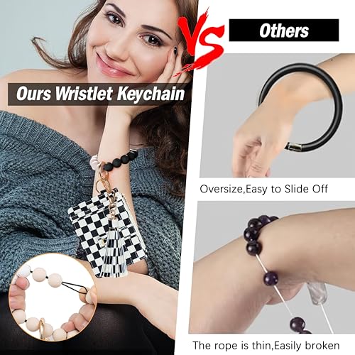 Image of KNGITRYI Wristlet Wallet for Women,RFID Keychain Wallet with Beaded Strap | 8 Card Slots,ID Window,Zipper Pocket,Leather Tassel,Compact Design