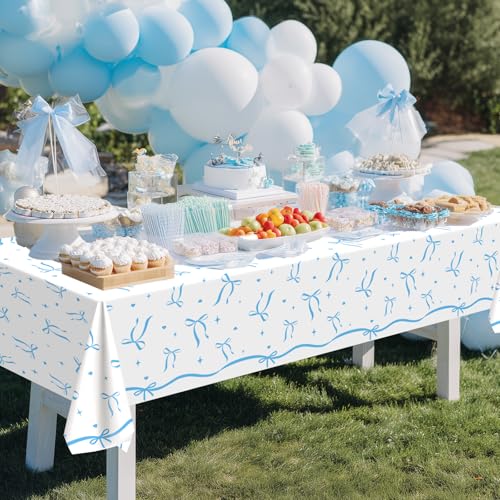 Image of Avezano 3 pcs Blue Bow Tablecloths 108x54 inch Bow Birthday Decorations Blue Coquette Bow Plastic Table Cover Disposable Bachelorette Party Supplies