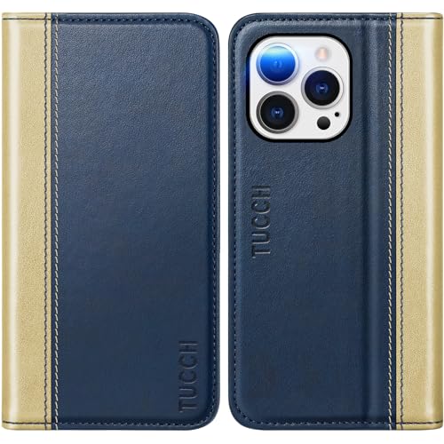 TUCCH Wallet Case for iPhone 14 Pro, PU Leather Folio Case with [RFID Blocking] [3 Card Slot], Kickstand Book Design [Shockproof TPU Interior Case] Compatible with iPhone 14 Pro 6.1-inch, Gold & Blue
