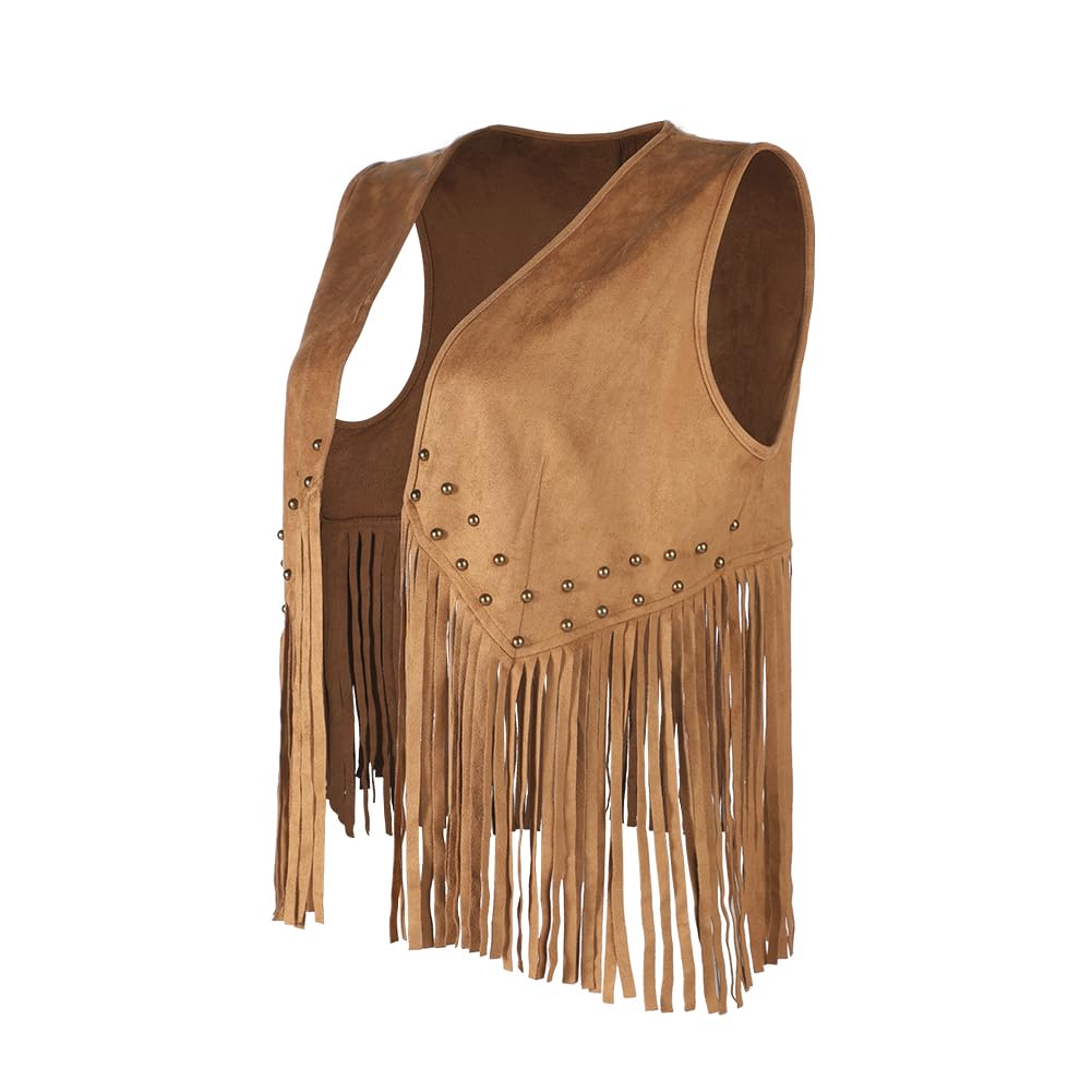 JNGUOSICN Women Western Cowgirl Costume Set Fringe Vest Cowboy Hat 60s 70s Hippie Costume Clothes Faux Suede Open Front Sleeveless Waistcoat Jacket for Hippie Disco Carnival Halloween Party - Image 4