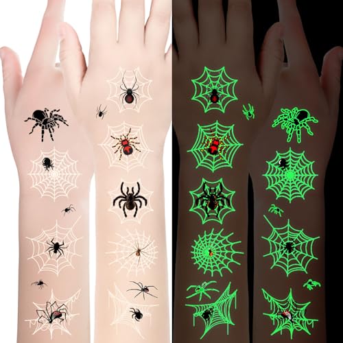 Halloween Tattoos für Kinder 10 Blätter - Leuchtende Temporäre Tattoos mit Spinnen & Spinnweben - Wasserabwaschbar Gesichtsticker, Partydeko & Mitgebsel - Geschenk für Halloween Party