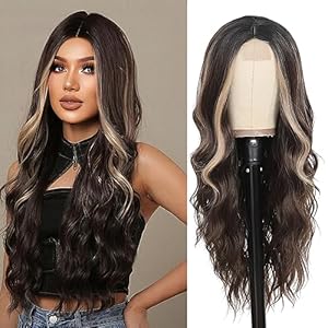 HMHIFI® Long Brown Wigs for Women Mixed Blonde Long Curly Middle Part Wigs Upgraded Protein Fiber Hair Replacement Wig Cosplay Costum Halloween Wig(26” Brown Mixed Blonde)