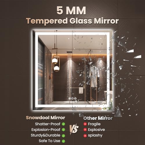 36"X36" LED Bathroom Mirror with Front Lights and Backlit, Anti-Fog, Dimmable, Shatter-Proof Tempered Glass, Lighted Bathroom Vanity Mirror for Wall with 3 Colors, Memory Function