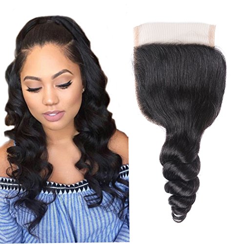 Li Queen Brazillian Hair Loose Wave Lace Closure size 4x4 100% Human Hair Top Lace Closure with Baby Hair Free Part 1B# Color 18 inch
