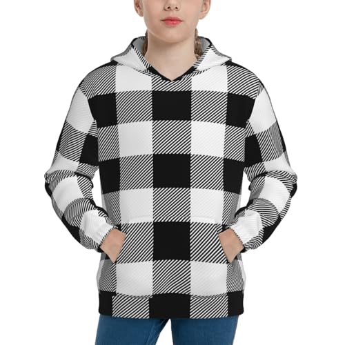 White And Black Plaid Pattern Kid Hoodies Boys Sweatshirts Girls Pullover with Pocket