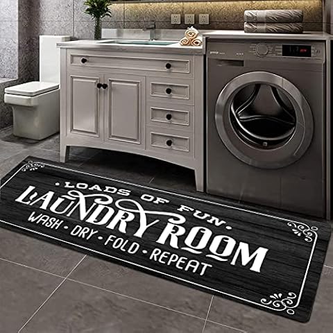 Poowe Farmhouse Laundry Room Rug Runner 20"X59" Non Slip Waterproof Laundry Floor Mat Durable Entrance Rug Area Rug for Kitchen Washhouse Hallway Entryway(Black) Cover