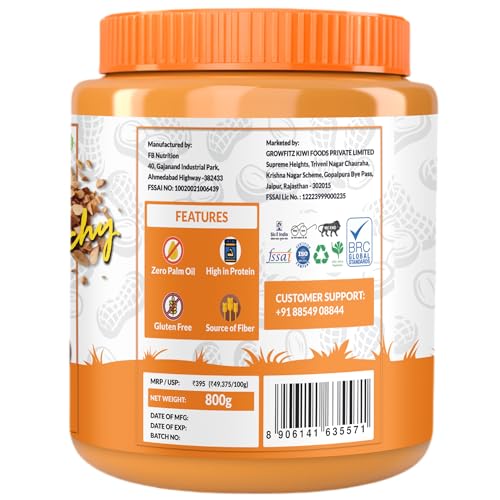 Image of Growfitz Natural Peanut Butter Crunchy | Vegan | Unsweetened | High Protein + Vit B12 + D3 & Calcium | Boost Muscles, Brain & Bones | 100% Pure, Non-GMO, Gluten-Free, Cholesterol-Free (Natural Crunchy - Set 2)