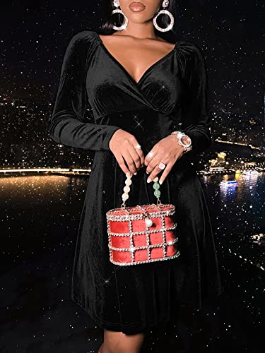 Sexyasasii Womens Wrap V Neck Long Sleeve Velvet Glitter A Line Cocktail Party Swing Fit and Flare Skater Mini Dress4