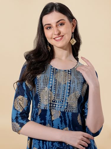 Image of MIRCHI FASHION Women's Cotton Relaxed Fit A Line Sequins Embroidery Work Foil Printed A-Line Kurti Only