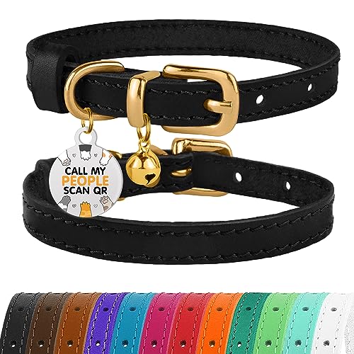 BRONZEDOG Collare per gatto in pelle con medaglietta QR-ID rimovibile – Collare per gattini con campanellini, non anti-strangolamento, per femmine e maschi (nero e oro, 23-28 cm)
