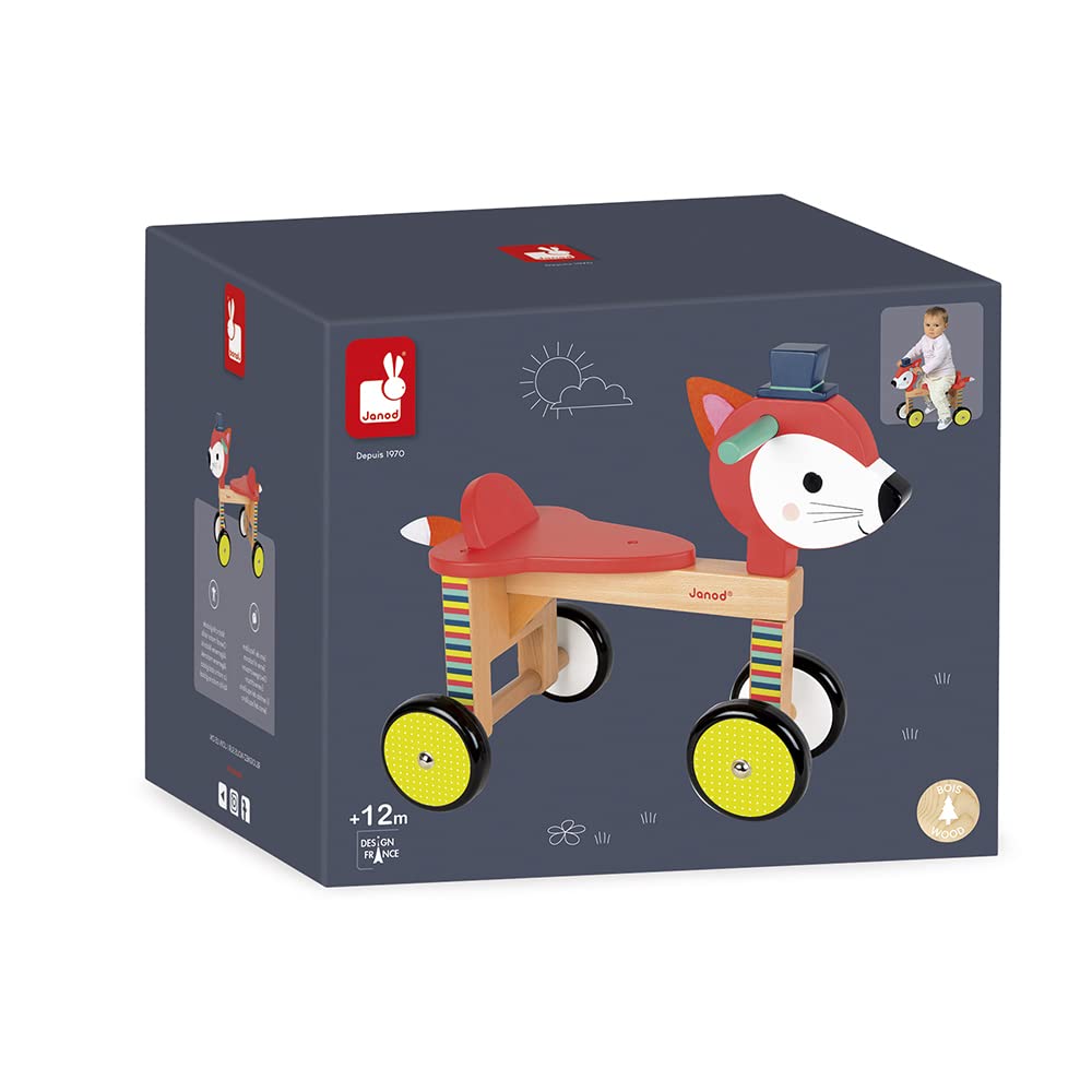 Janod - Baby Forest Cavalcabile Volpe (Legno), Giocattolo per L’Apprendimento Precoce dei Bambini, per Sviluppare L’Equilibrio e la Motricità Fine - da 12 Mesi in su, J08010