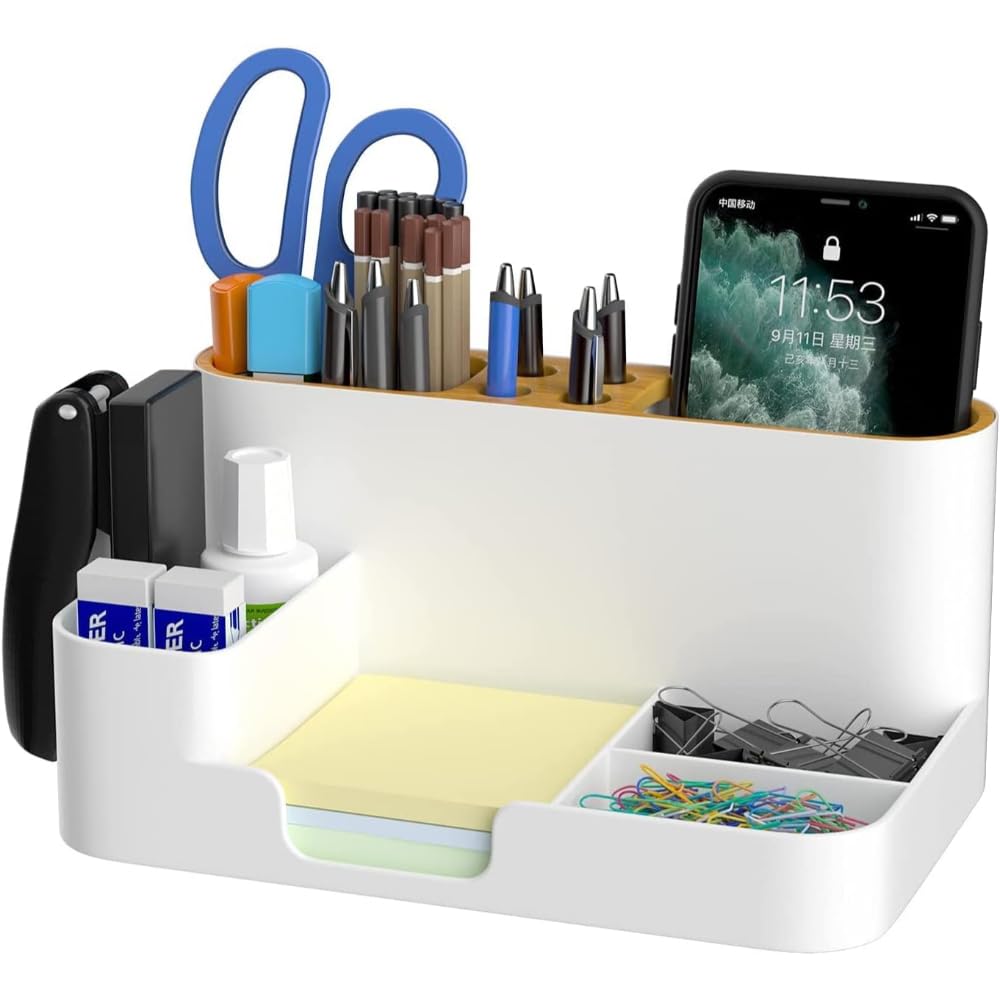 AMERTEER Desk Organizer with Phone Stand | Multifunctional Desktop Organizer, Pen Holder & Office Supplies Storage Caddy for Home, School & Work | Modern Accessories Box for Tidy Workspace